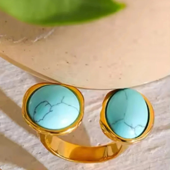 Turquoise Minimalist 18K Gold-Plated Stainless Steel Waterproof Duo Ring - Picture 6 of 6